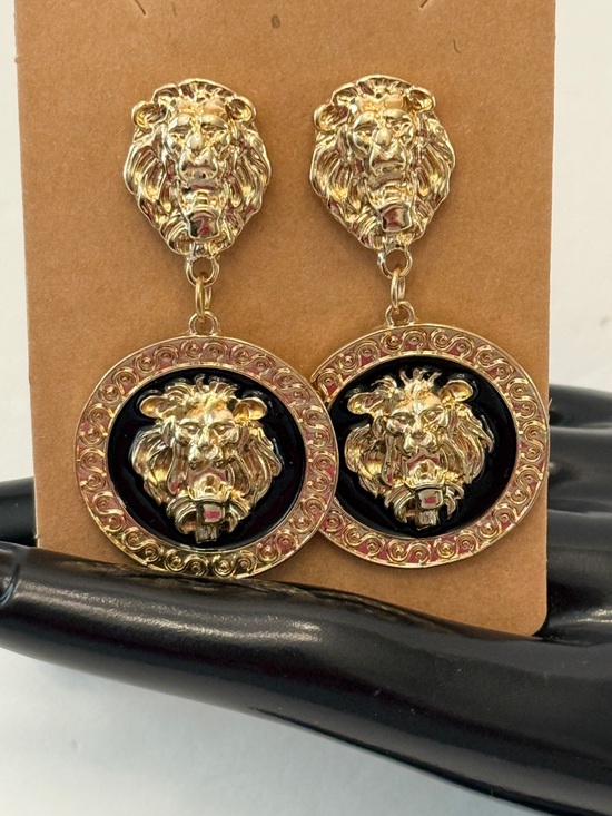Unbranded Jewelry - Gold Lion Head Medallion Earrings Black Enamel Statement Drop